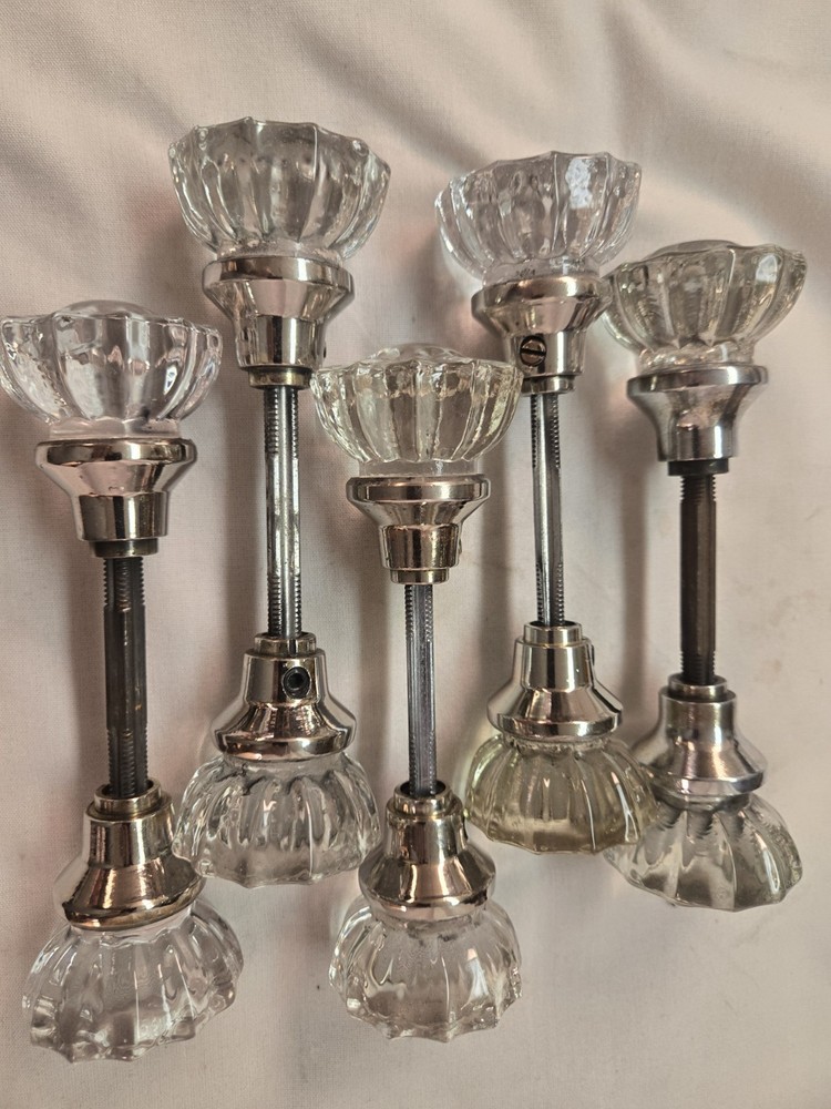 Vintage 5 Glass Knobs Silver Collar Polished