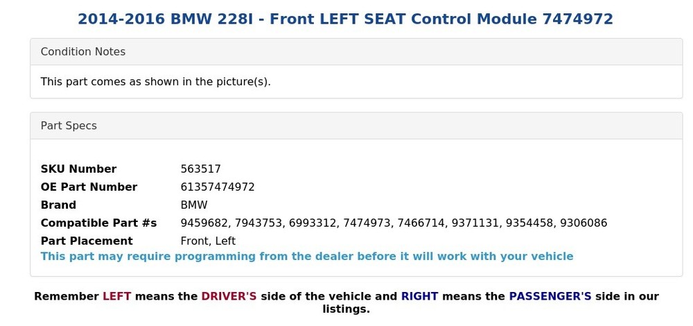 2014-2016 BMW 228I - Front LEFT SEAT Control Module 7474972