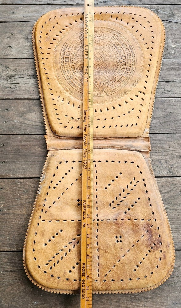 Vtg Aztec Calendar Tooled Leather Seat Cushion