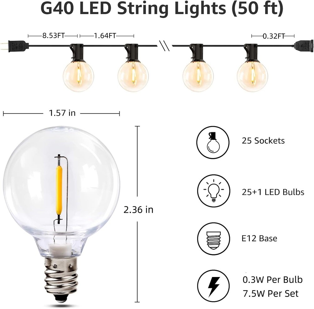 Solar Outdoor LED String Lights 50FT G40 Globe Patio Lights Outdoor String Light