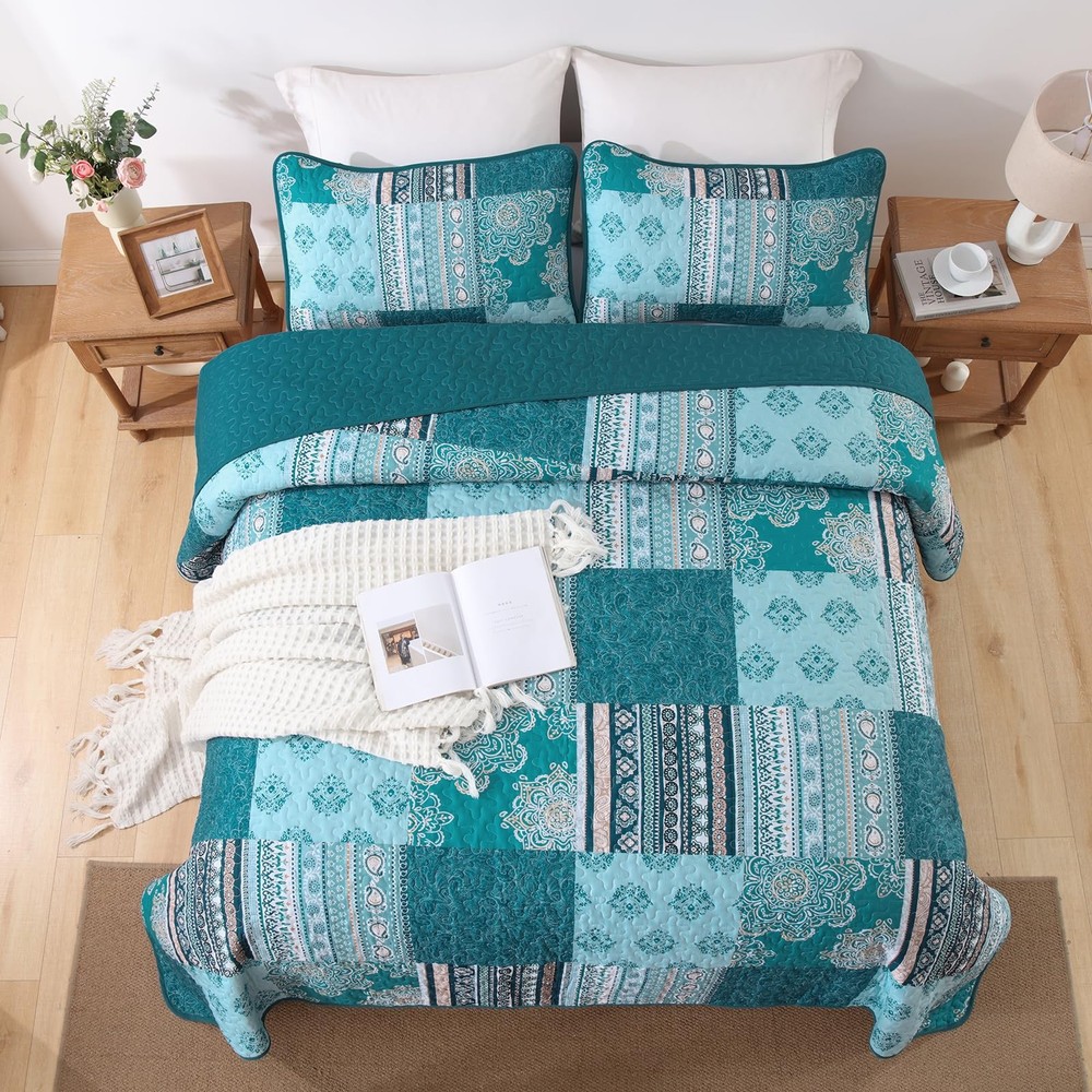 Dintszyayue Teal Patchwork Quilt Set King Size,3 Pieces Turquoise Boho Bedspread