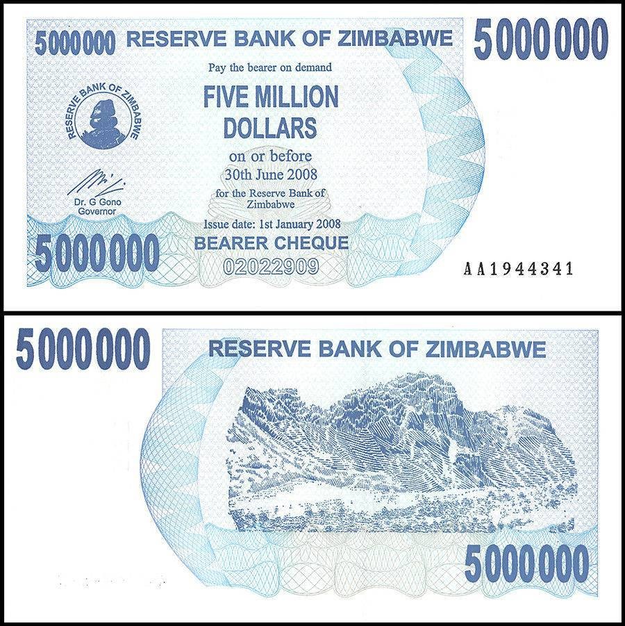 Zimbabwe 5 Million Dollars Bearer Cheque, 2008, P-54, UNC