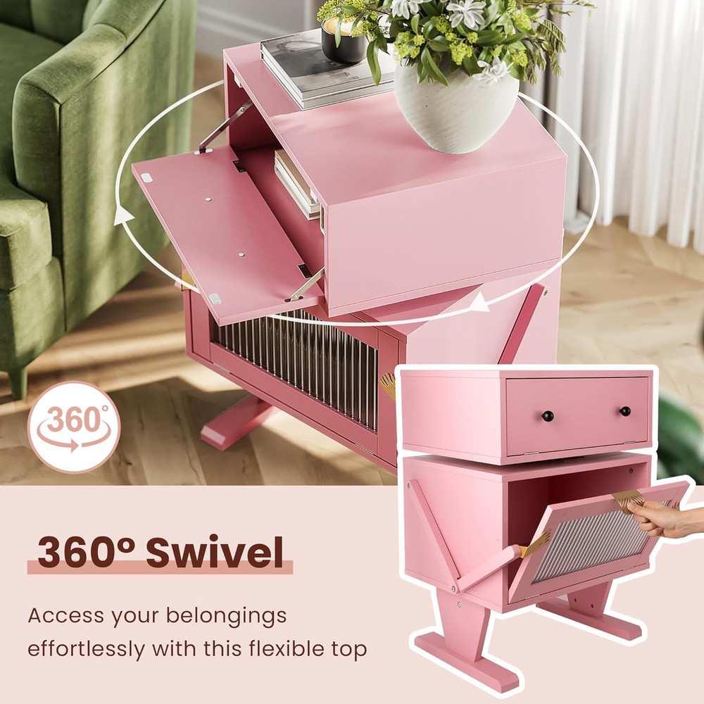 Modern Pink End Table with LED Light, Rotating Drawer & Storage