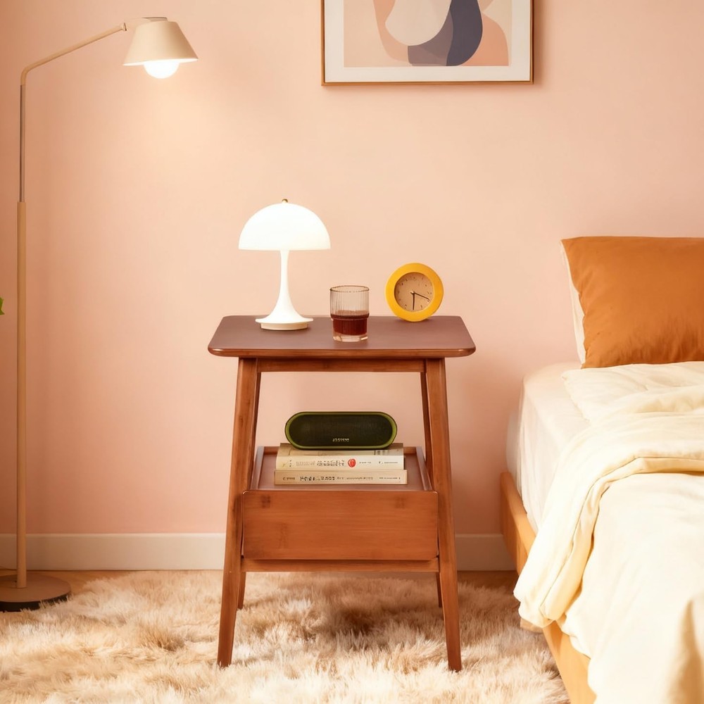 Fluted Nightstand with Drawer – Tall Solid Bamboo Bedside Table with Open She...
