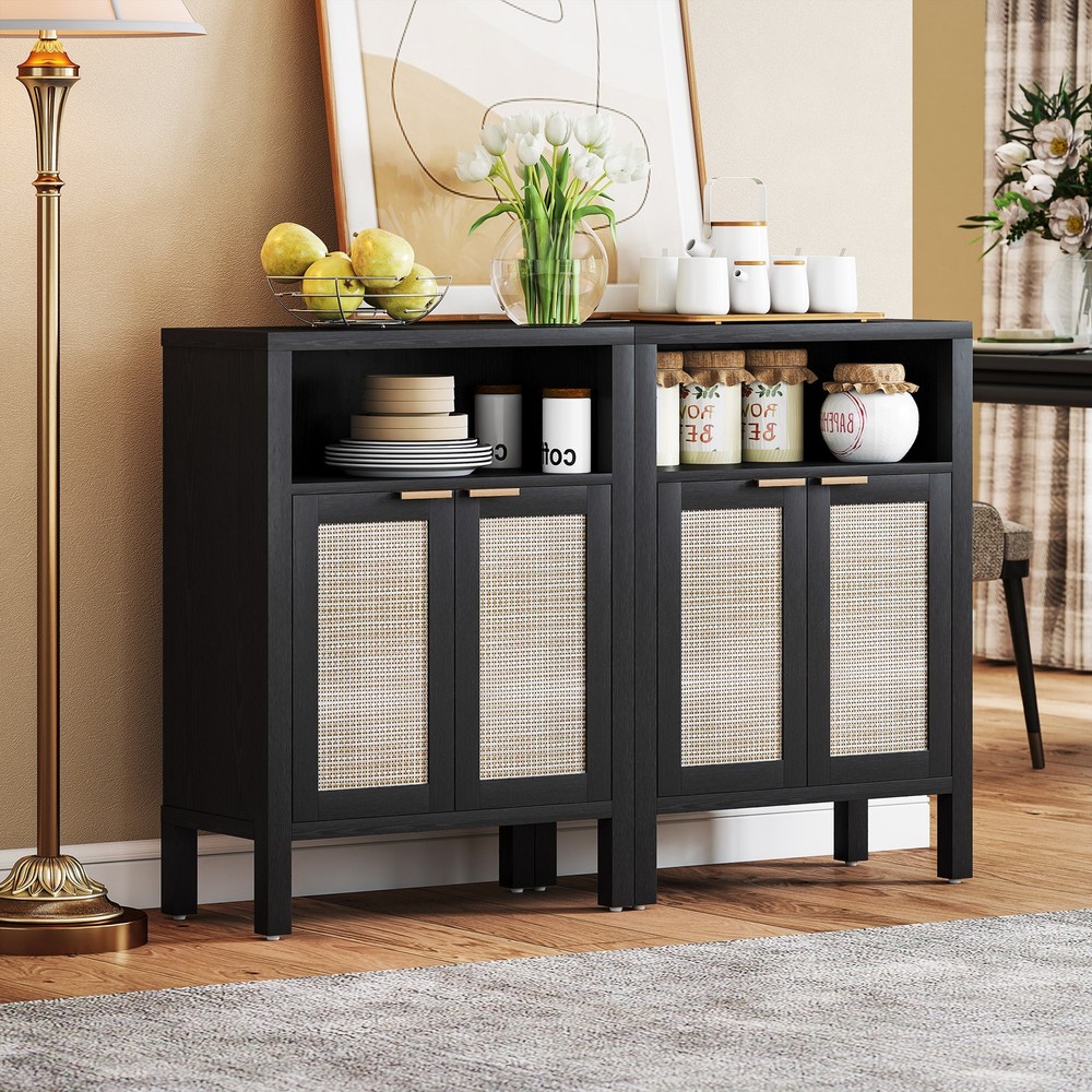 Sideboard Rattan-element Doors with Golden-colored Handles
