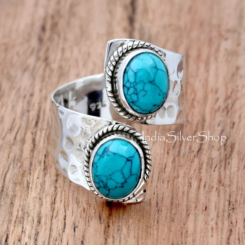 Adjustable Turquoise Ring: Hammered 925 Sterling Silver Statement Ring All Size