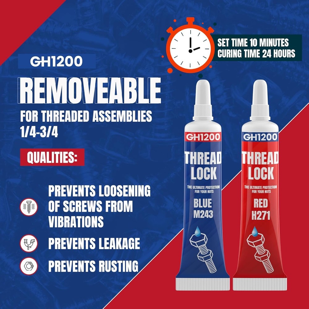 2 Pack Thread Lock Medium and Strong Strength, Threadlocker Lock Tight & Seal