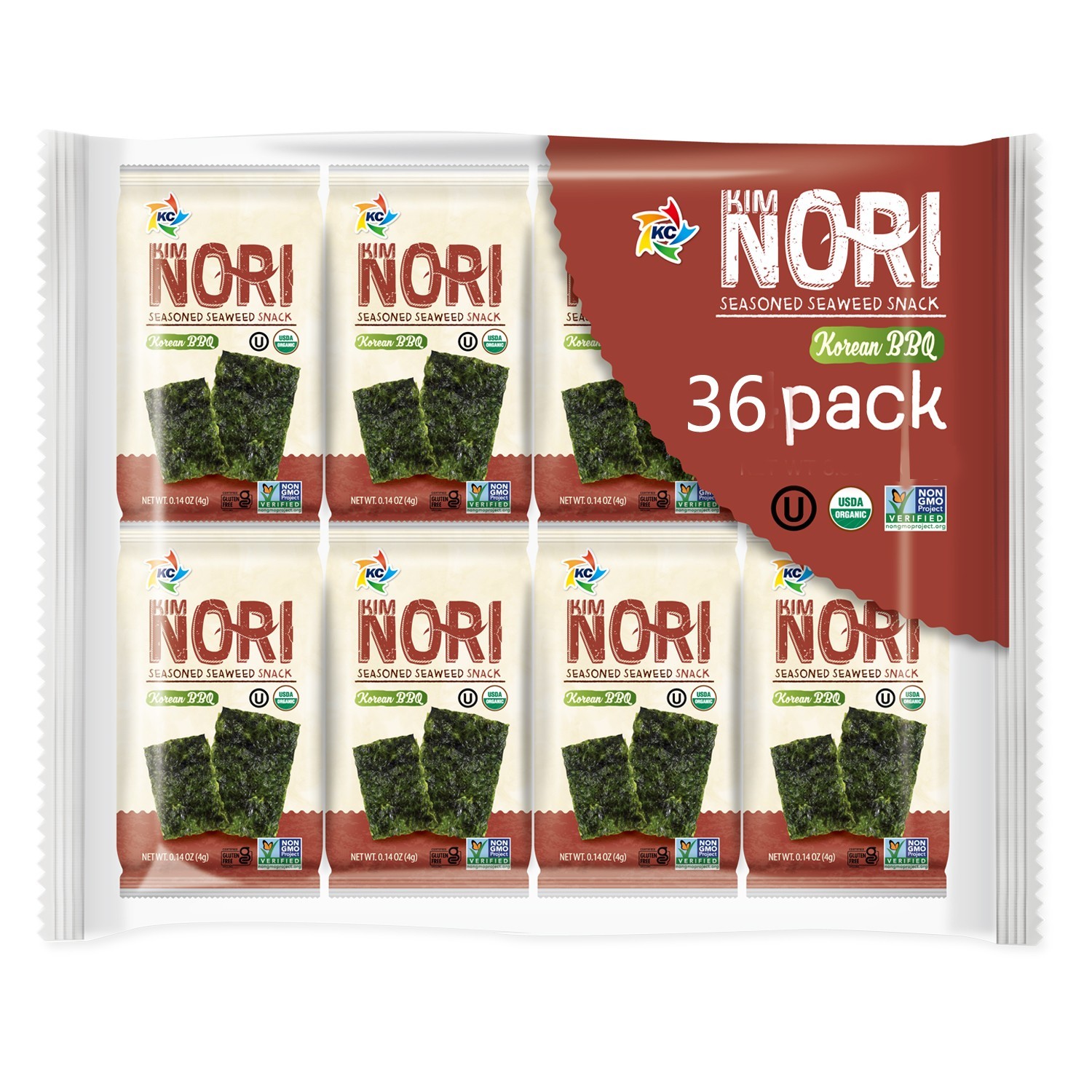 Organic Kimnori Seasoned Roasted Seaweed Snacks - 36 Packs  Korean BBQ  Kim Nori