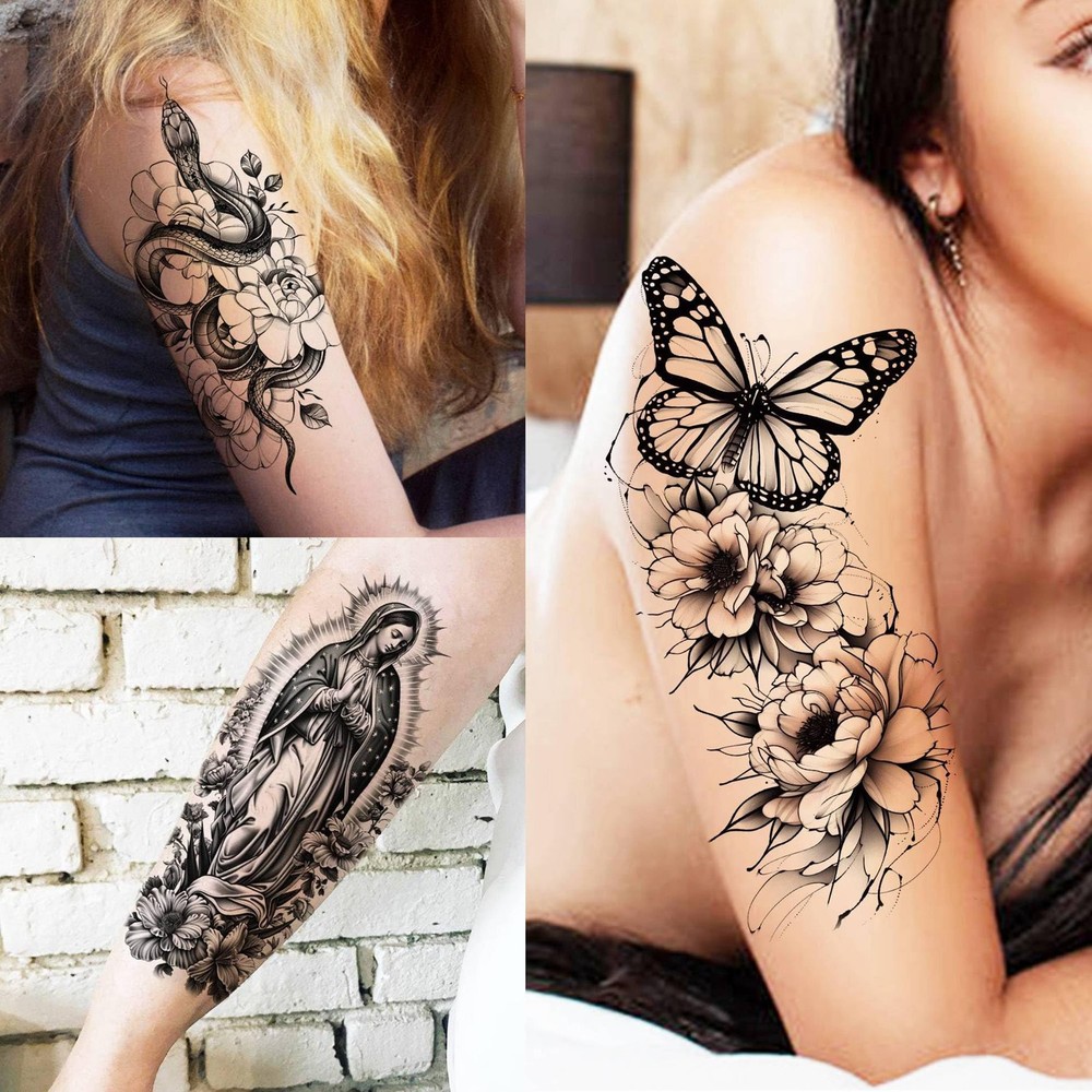 75 Sheets Black Realistic 3D Rose Flowers Temporary Half Sleeve,