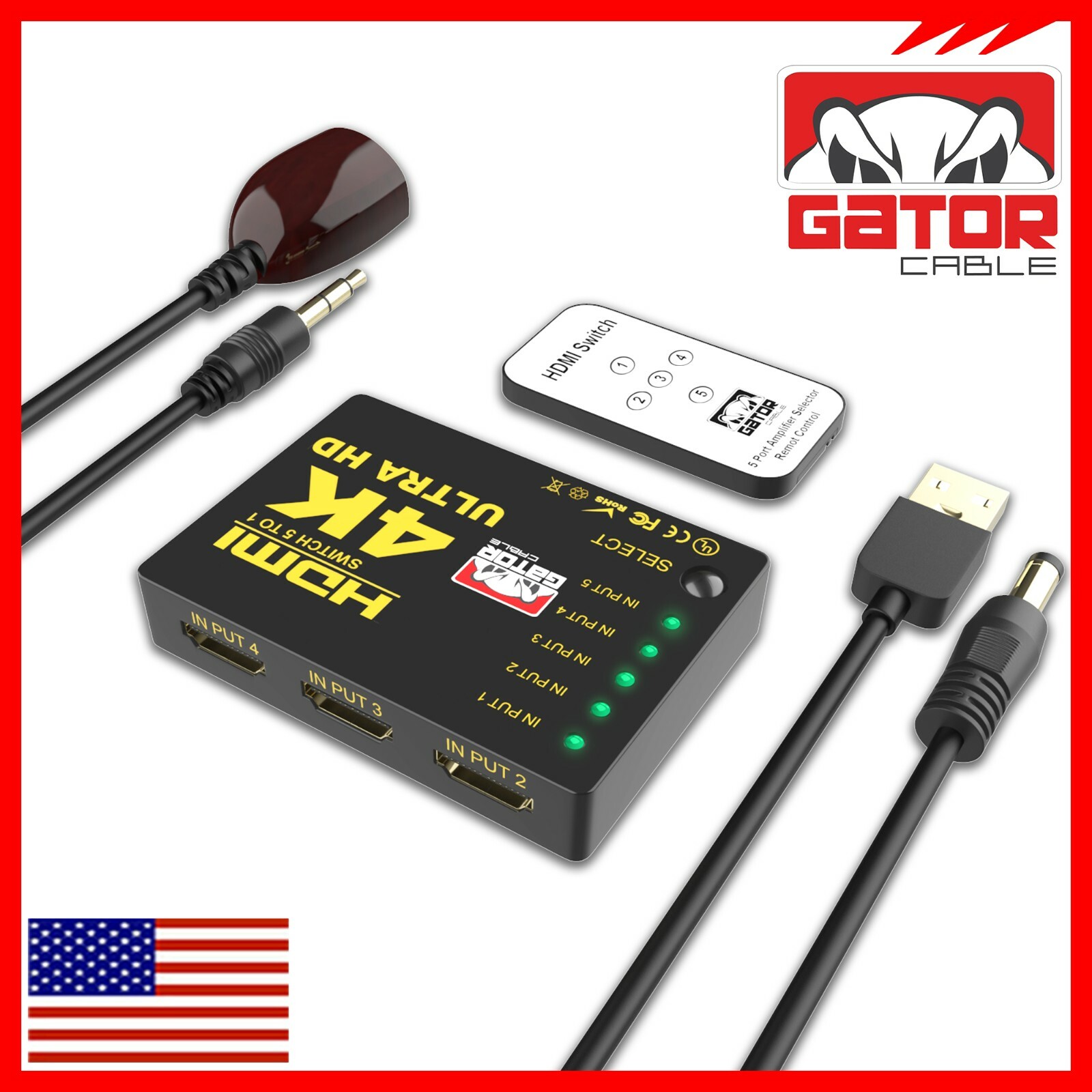 4K HDMI 2.0 Cable Splitter Switcher Box Hub IR Remote Control 5X1 Power 5 to 1