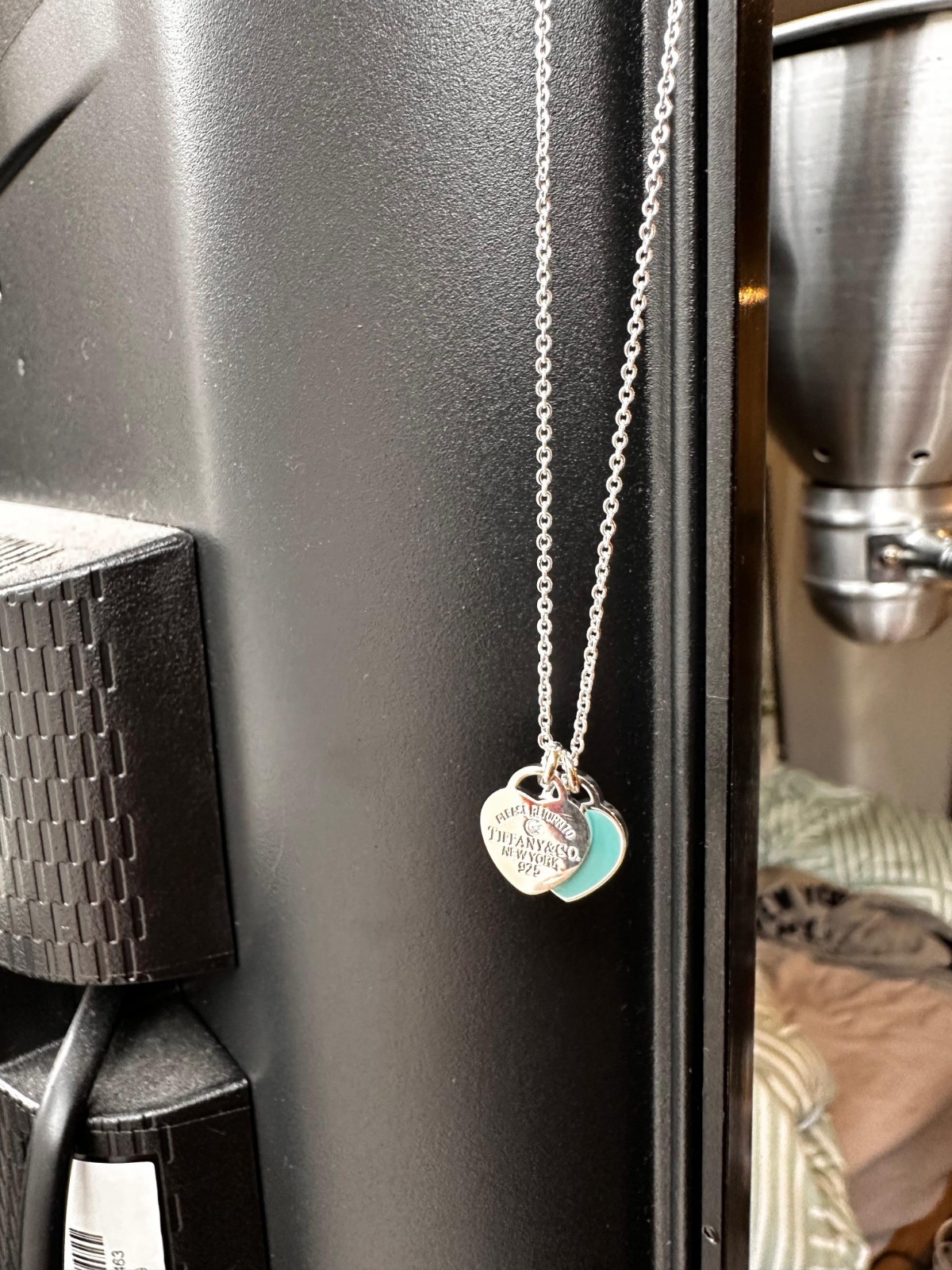 Tiffany & Co. Blue Mini Double Heart Tag Pendant Necklace 16"