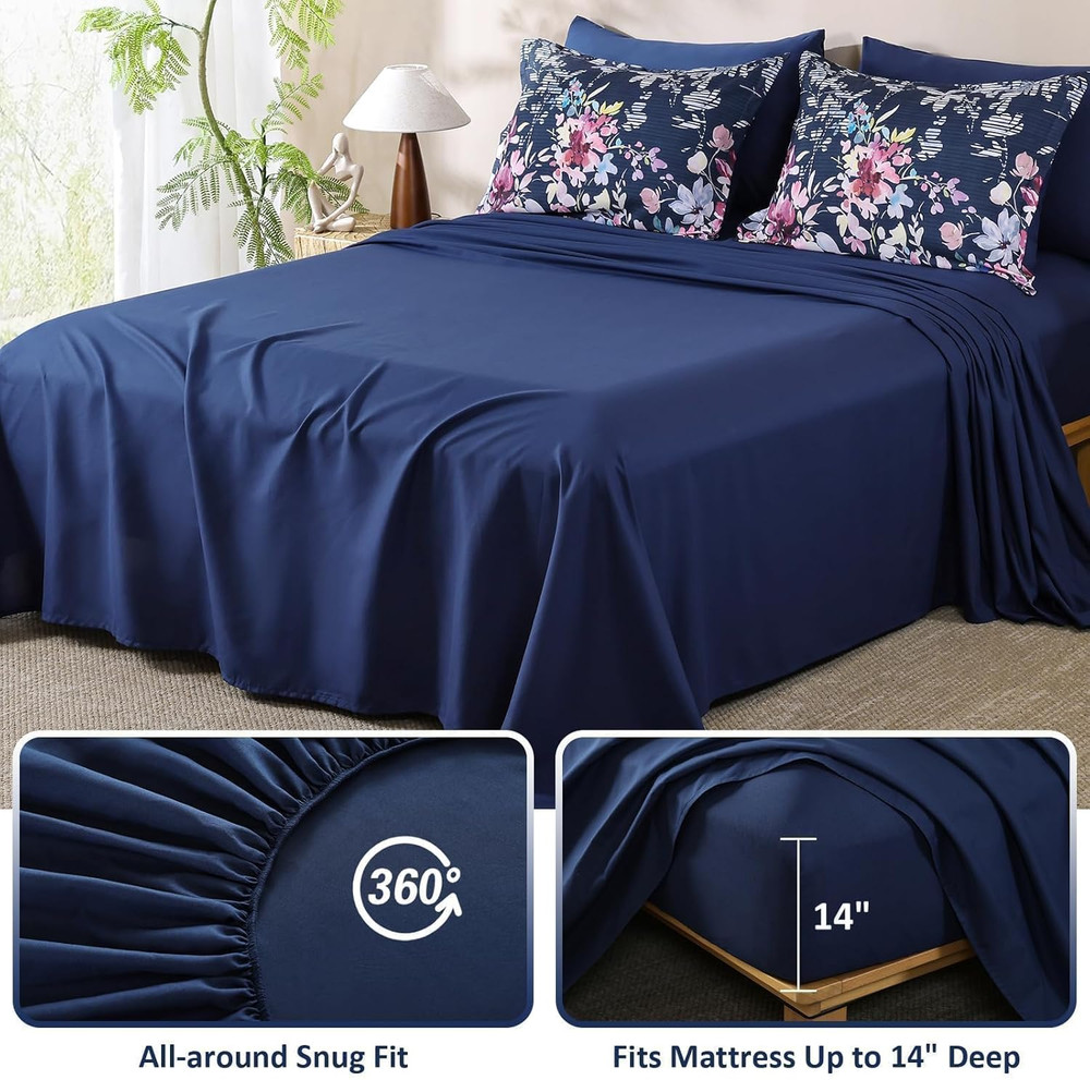 Navy Blue Comforter Set Queen Size, 7 Piece Floral Bedding Comforter Sets, Bed i