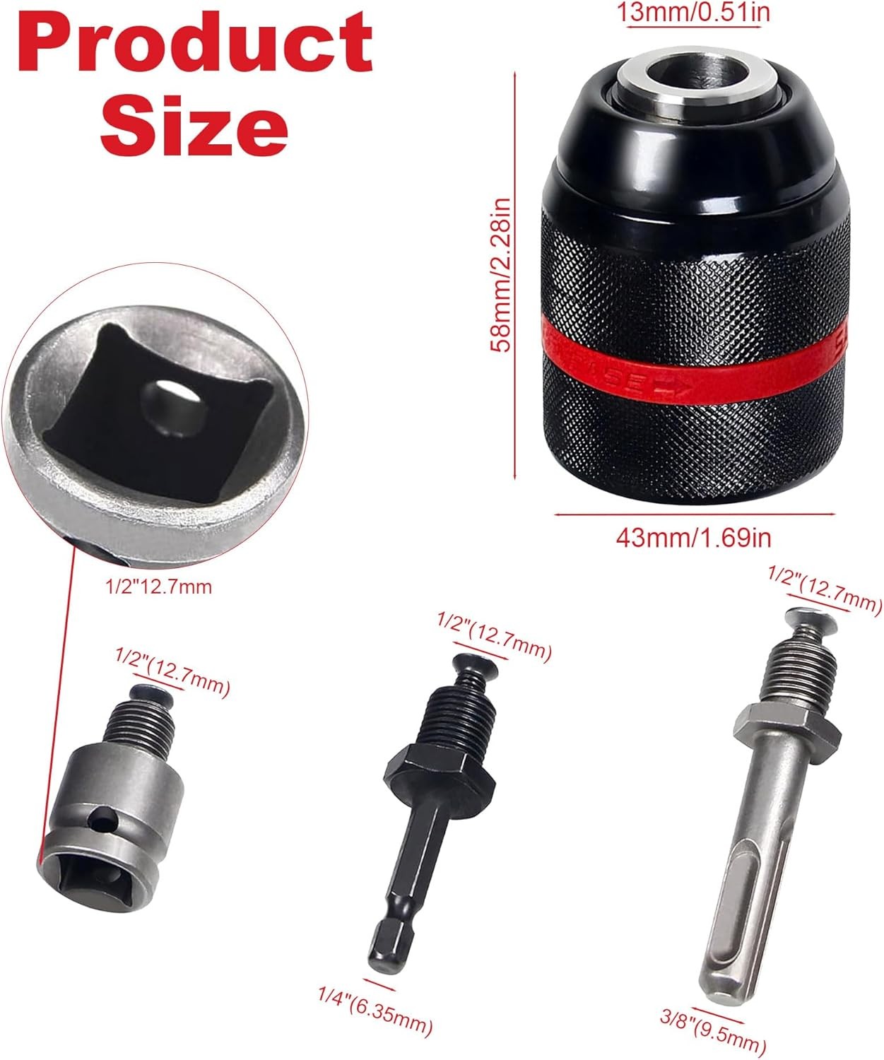 Metal Heavy Duty 1/2-20UNF 13mm Keyless Drill Chuck Hex Shank/SDS/Square Adaptor
