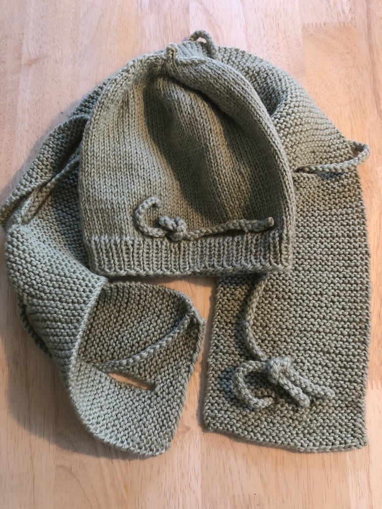 Hand Knitted Scowl Hat Combo Sage Green String Knots One 2 pc Set Size Small