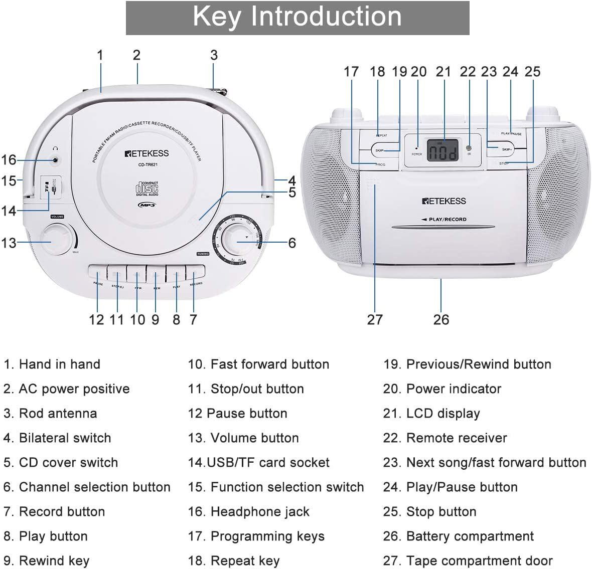 TR621 Portable AM/FM Radio CD/Cassette Tape Player Combo Record Boombox Speaker