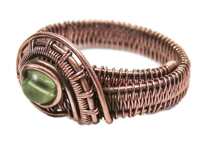 Peridot Adjustable Ring, Woven in Copper Wire