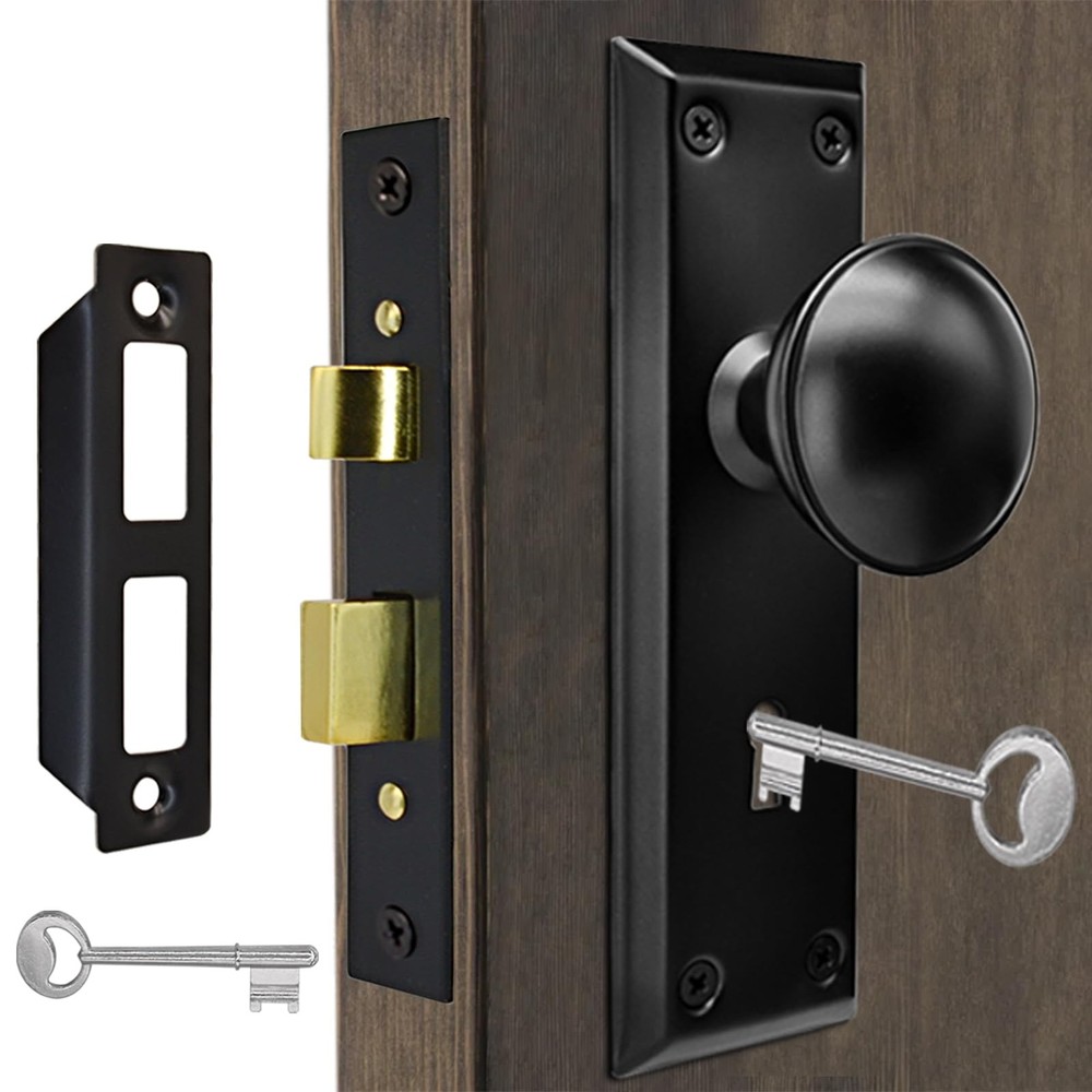 Antique Interior Door Knobs Mortise Lock Set with Skeleton Key Matte Black