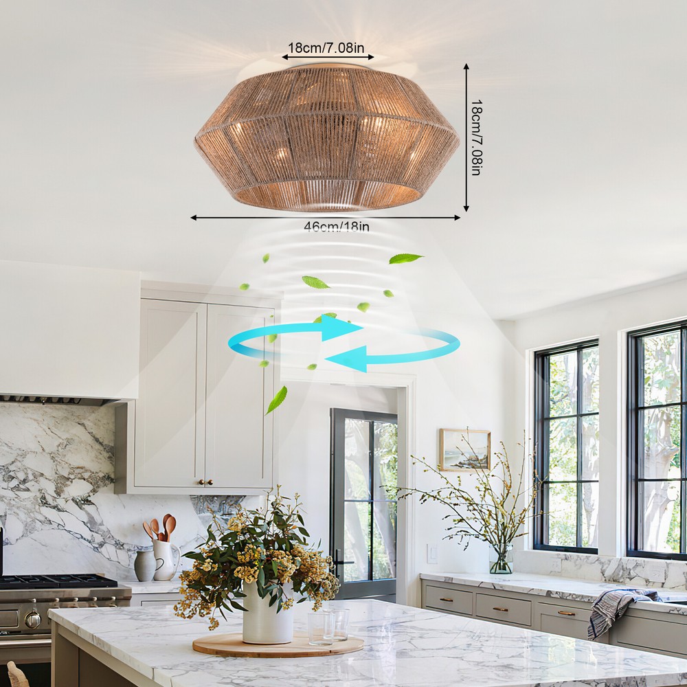 Rattan Caged Flush Mount Fan Light +Remote Control Ceiling Fan Boho Ceiling Fan