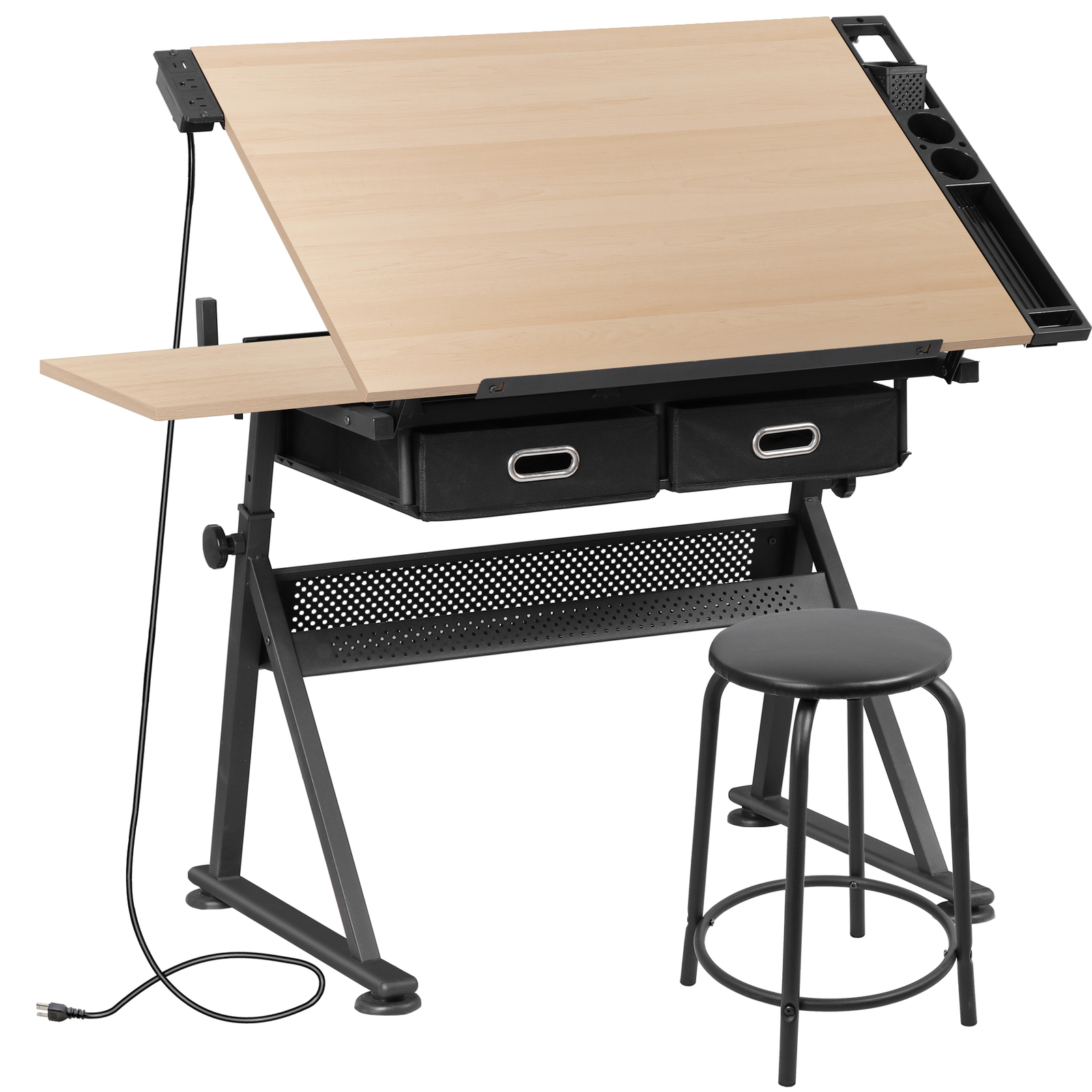 Adjustable Drafting Table with Outlet Artist Drawing Table with Stool Natural