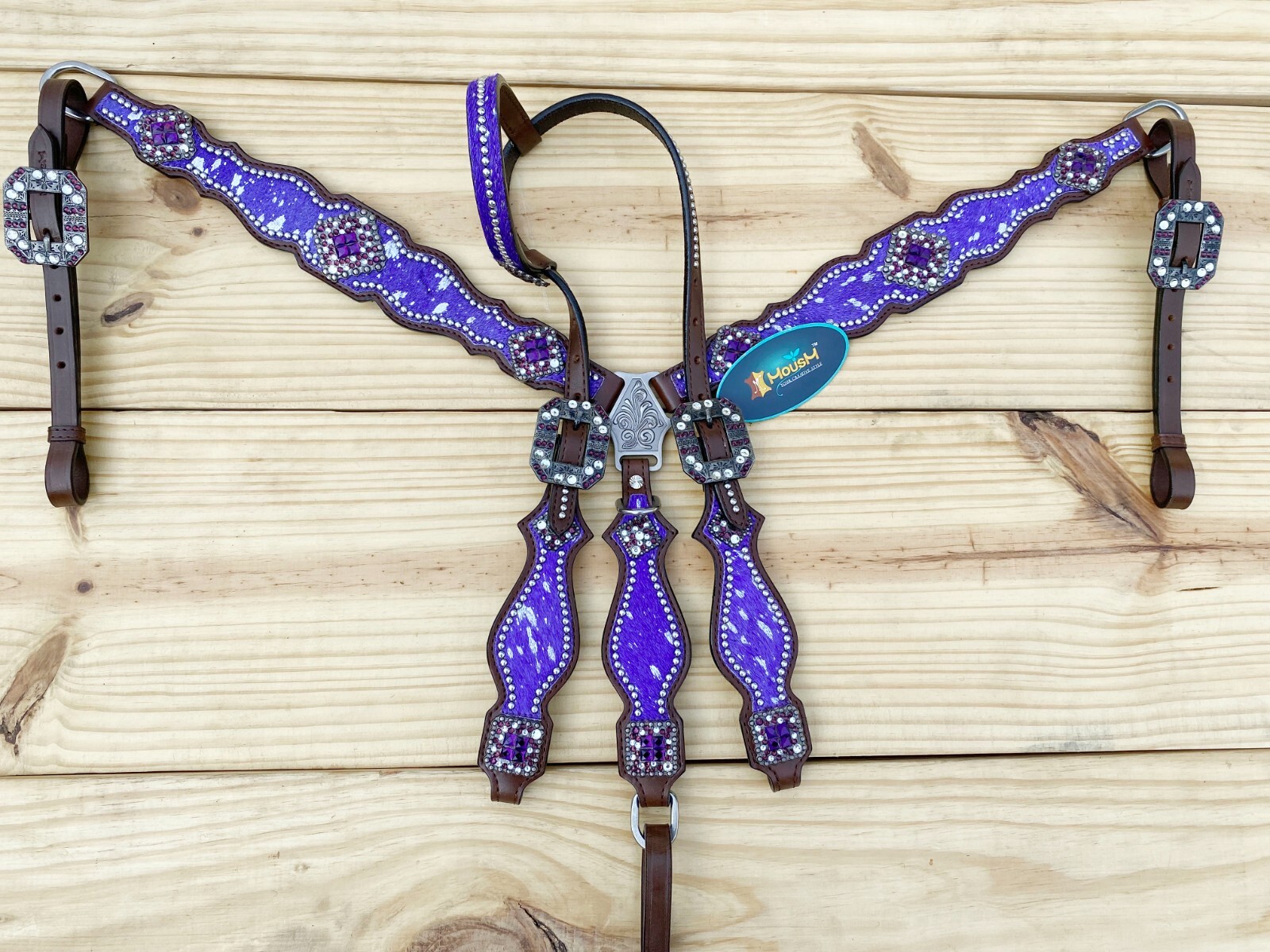 MOUSM Western Leather Headstall and Breast Collar Tack Set for Horses - Purple