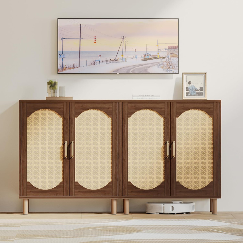 Boho Sideboard Buffet Cabinet with Storage - Walnut Imitation Rattan Design