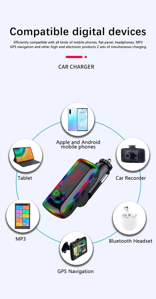 Car Bluetooth 5.3 FM Multifunction Adapter Dual USB Port Quick Charge Adapter
