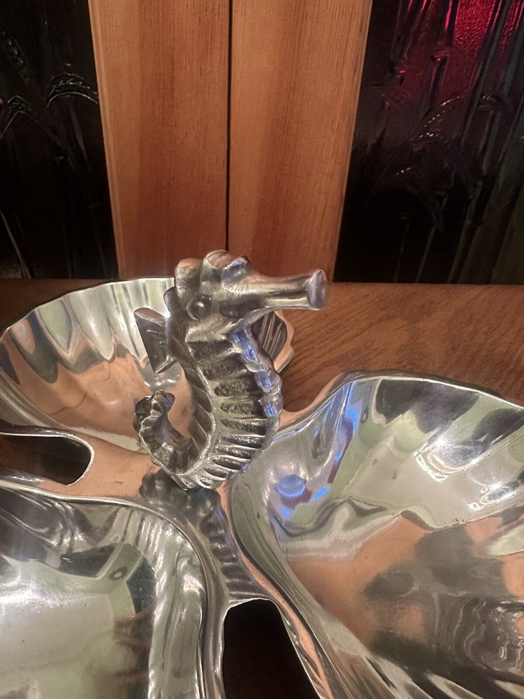 IHI India Handicrafts Silver Clam Shells & Seahorse Serving Dish with 3 Sections