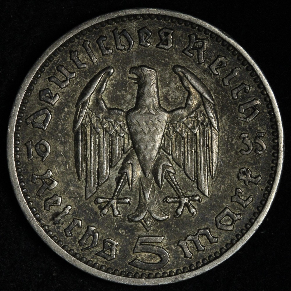 1934-J SILVER Germany Silver 5 Mark E395 T