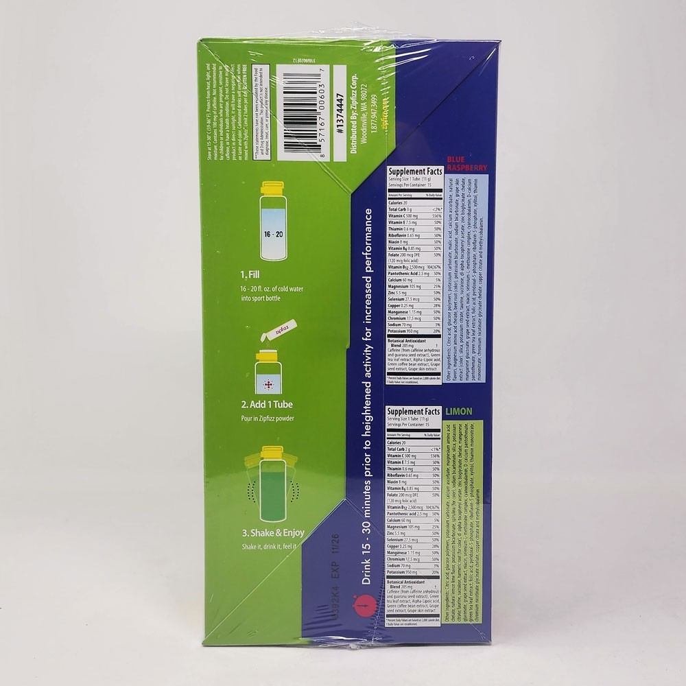ZipFizz Energy Drink Mix 30 Tubes Split Box Límon & Blue Raspberry Exp: 11/26