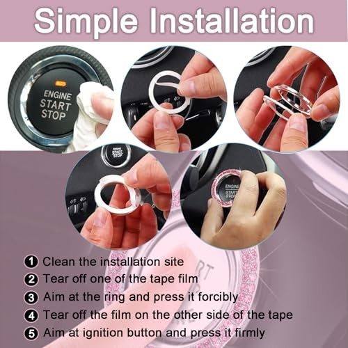 2 Pack Car Engine Start Stop Decoration Ring Pink, Crystal Decorative Ring