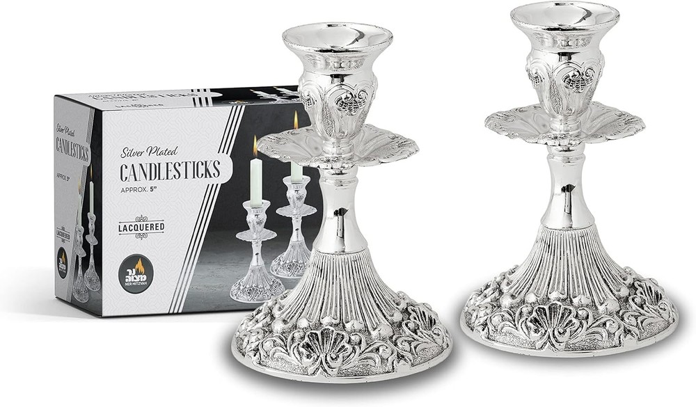 Silver Plated Candlesticks 2 Pack Set Pair of 5 Inch Ornate Candle Holders