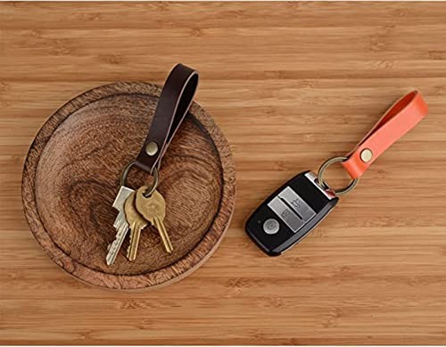 PU Leather Keychain Solid Metal Bronze Handcraft Key Ring Coffee Colour