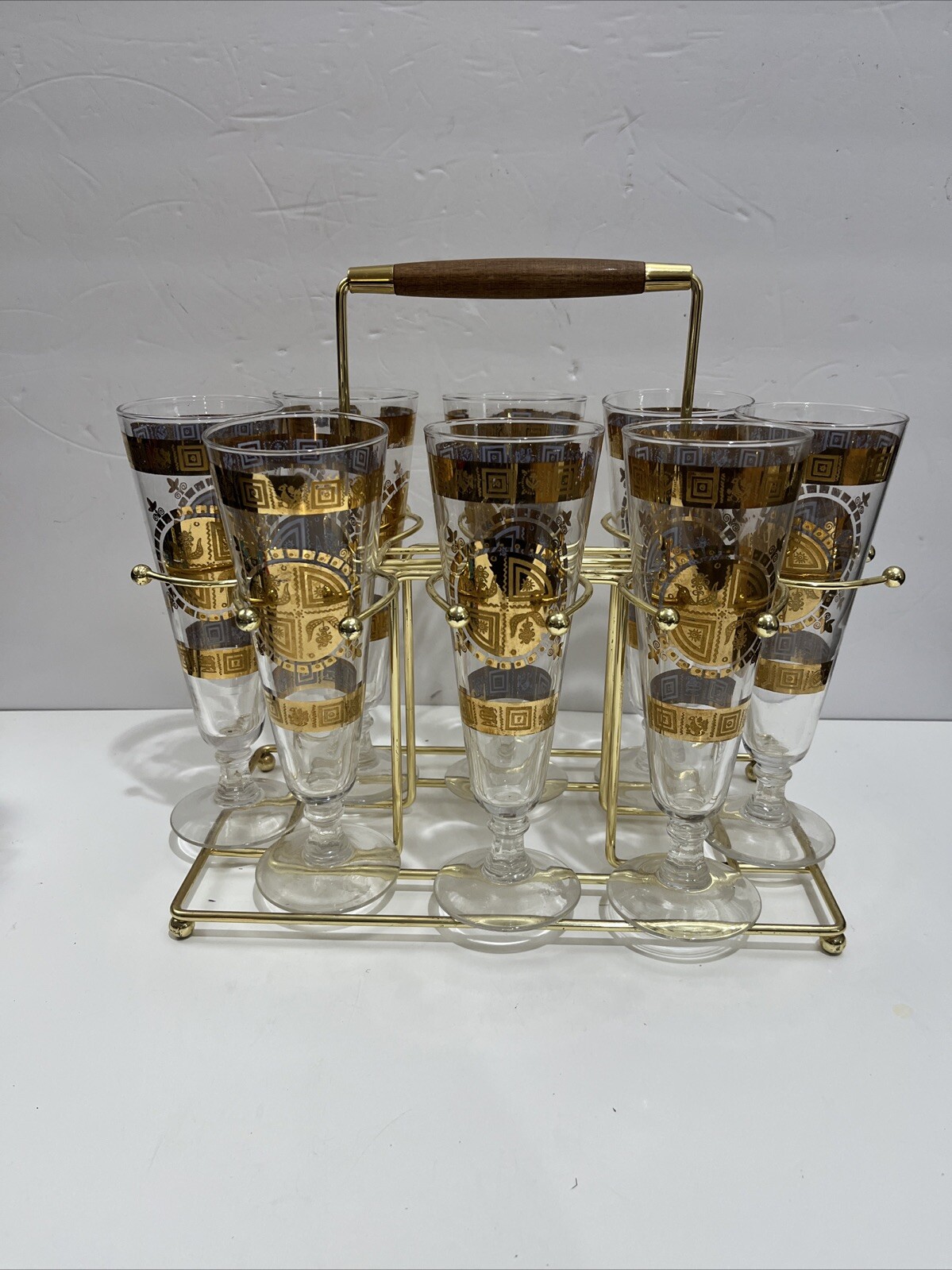 Vintage 1960s MCM Culver Coronet Barware 8 Pilsner Drinking Glasses W/ Caddy Set