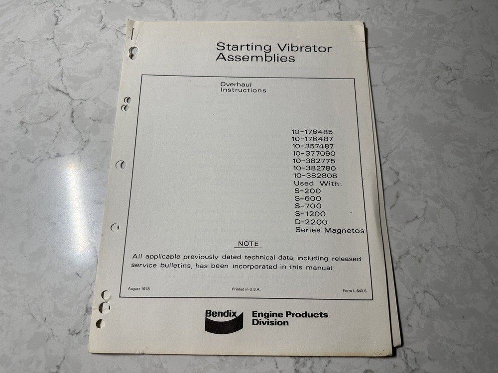 Bendix Starting Vibrator Assemblies Magnetos Overhaul Instructions