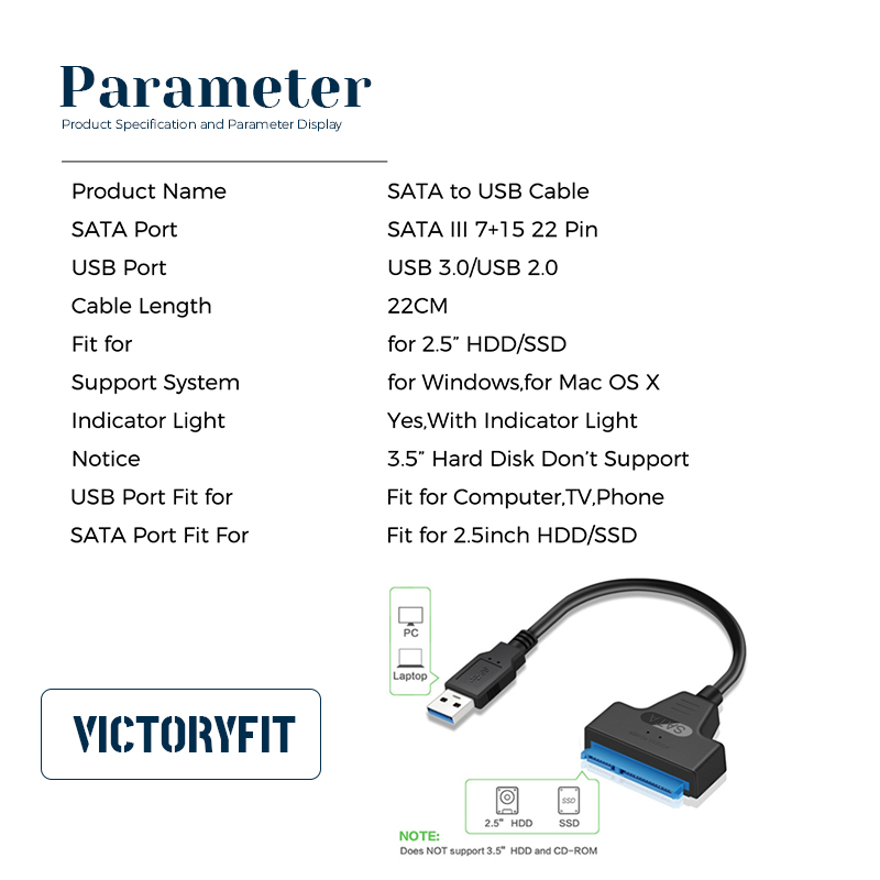 USB to SATA Adapter Cable Data Converter 3.0 to 2.5" For Hard Drive SSD to USB