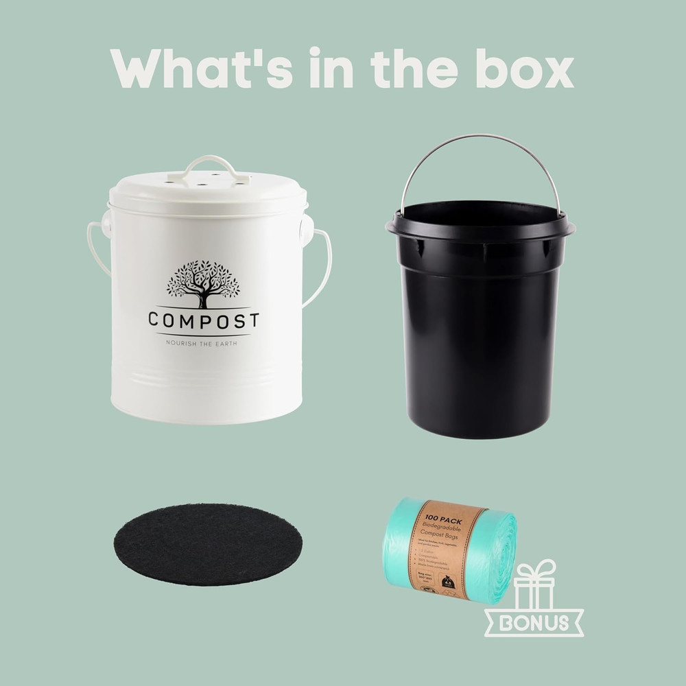 Kitchen Compost Bin, 1.3 Gallon Countertop Compost Bin with Lid, Indoor Compo...