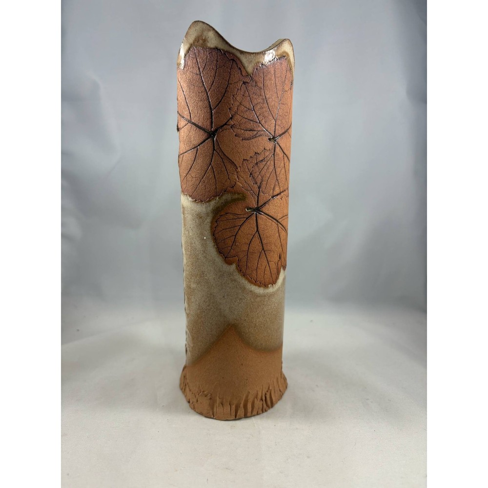 Vtg Handmade Pottery Stoneware/Earthenware Abstract Imprinted Leaf Pattern Vase