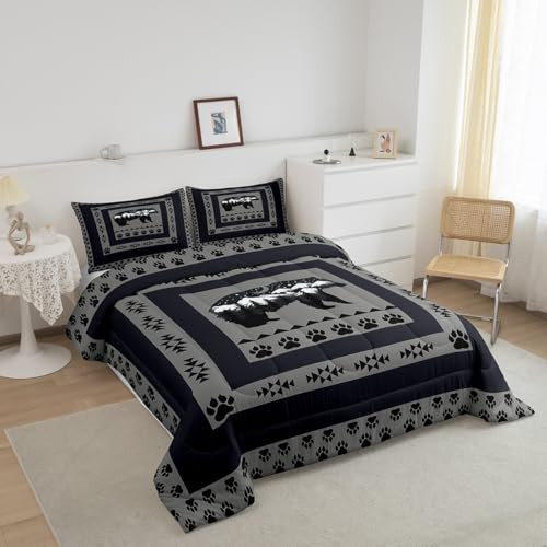 Western Rustic Bear Comforter Set Twin Size, Moon Bear Quilt Set with 1