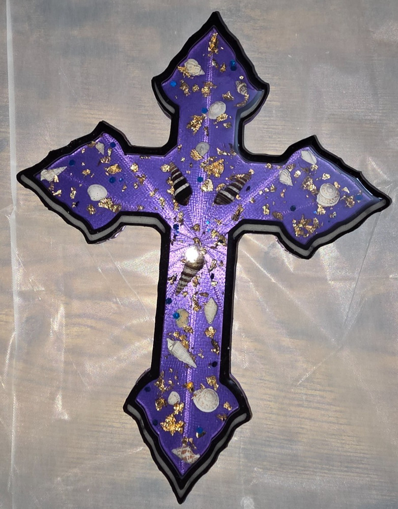Handmade Cross Wall Decor 9x6+ GITD Goldflake & Seashells Authentic Gift W/Drape
