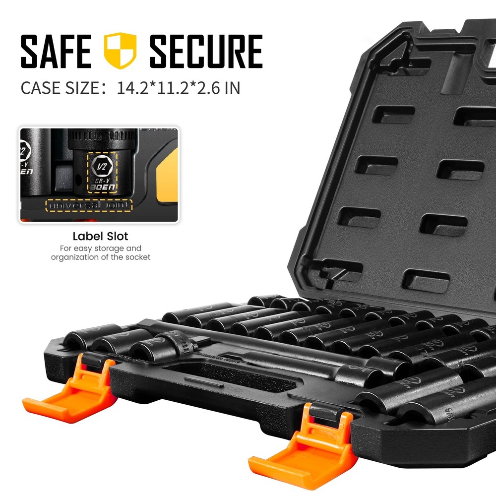 BOEN 1/2" Drive Impact Socket Set, 33 Piece Deep & Shallow Metric Socket Set
