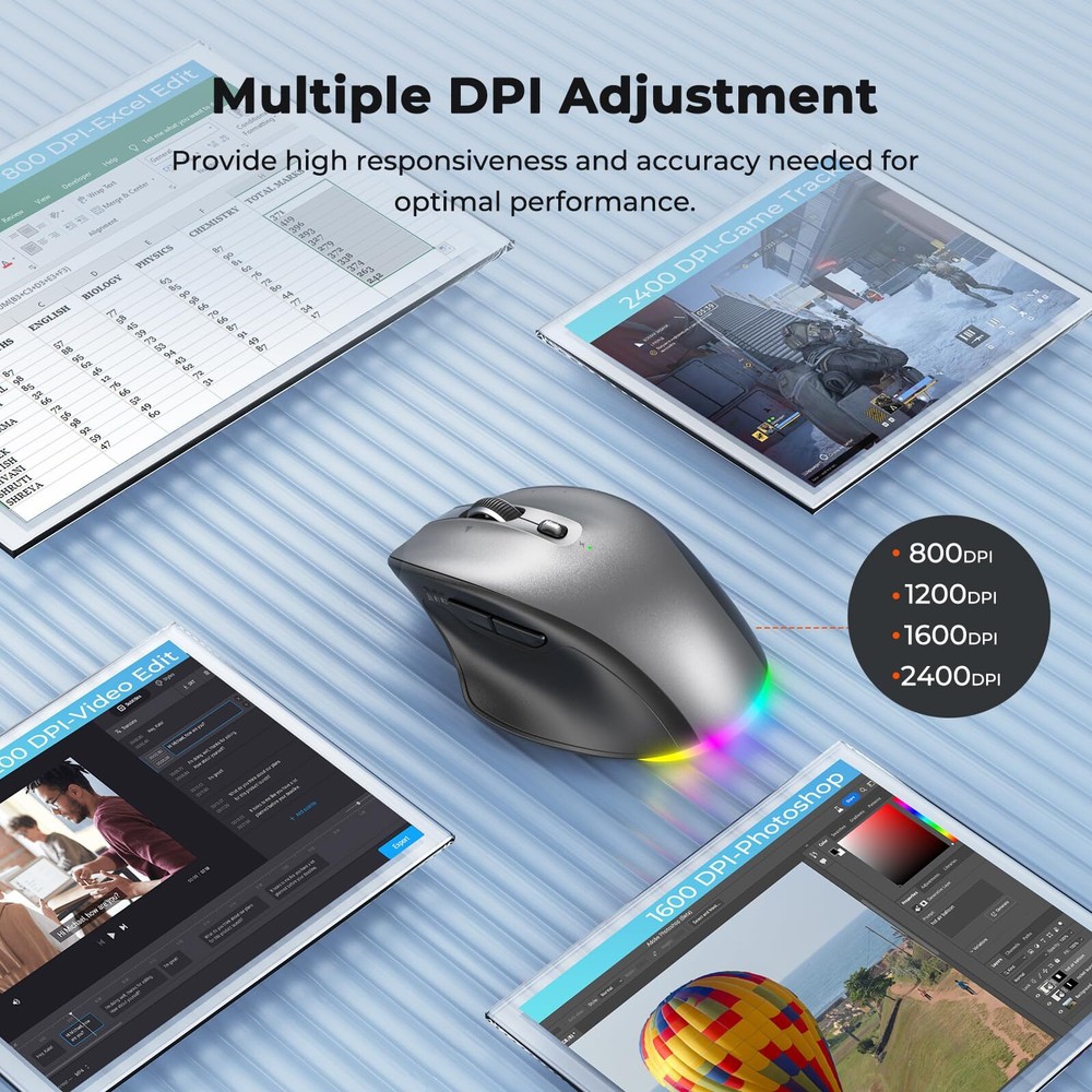 Wireless Bluetooth Mouse LED Rechargeable Ergonomic Mouse with Muitl Mode 2.4...