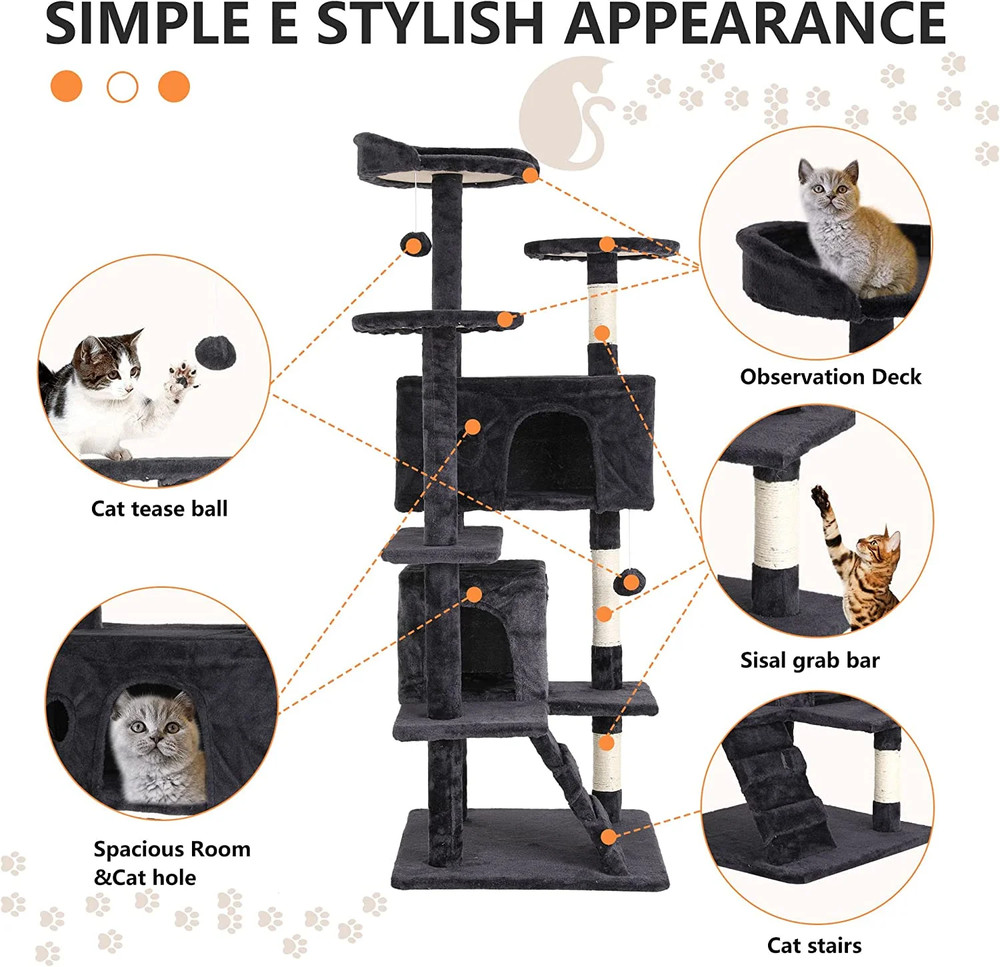 54in Cat Tree Tower with Scratching Posts • Dark Gray • Multi-Level Cat Condo •