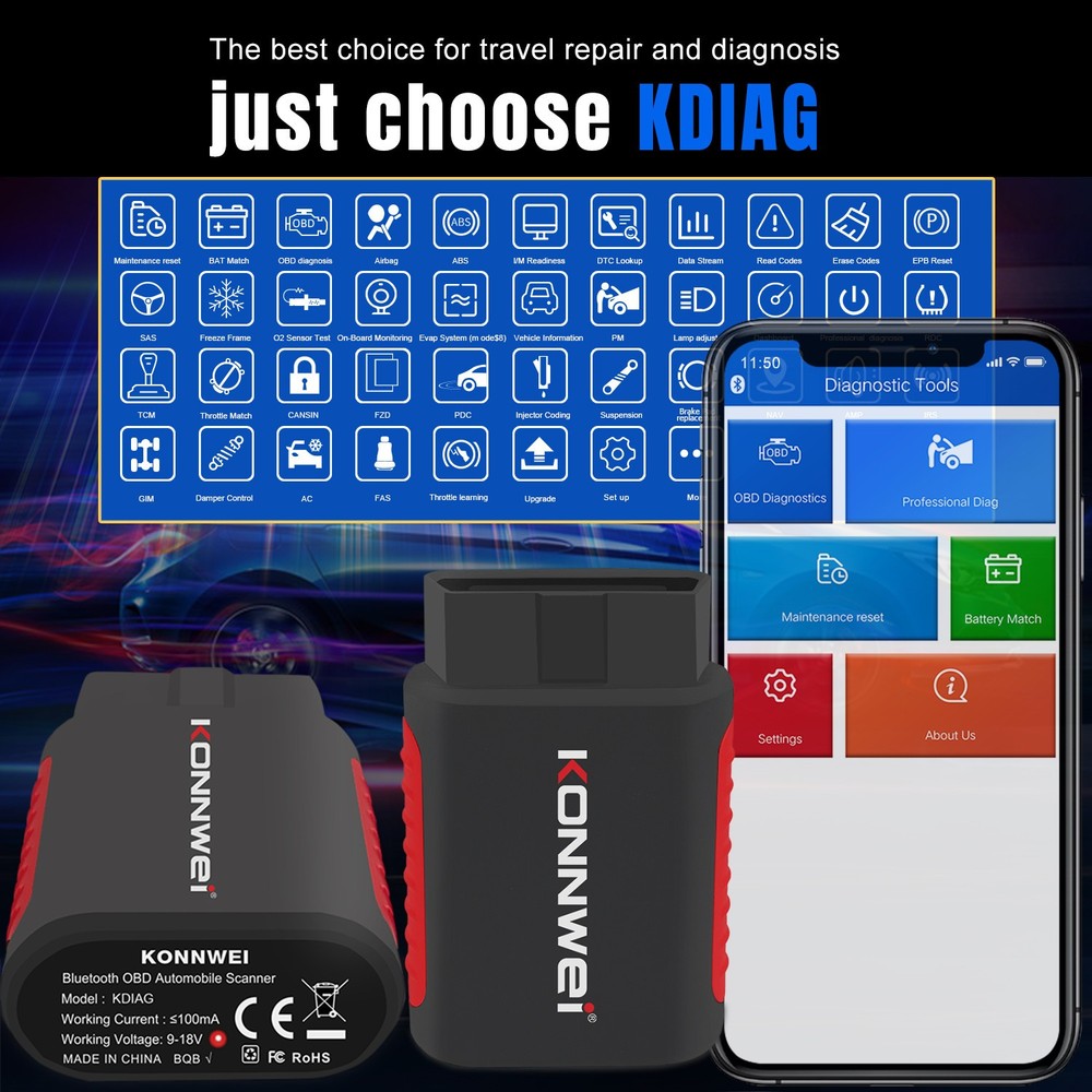 KONNWEI KDIAG Car OBD2 Reader Code Scanner Diagnostic ABS SRS Tool