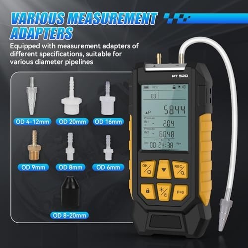 Dual-Port HVAC Manometer with 7 Adapters, Backlit Display, Data Locking, -100 to