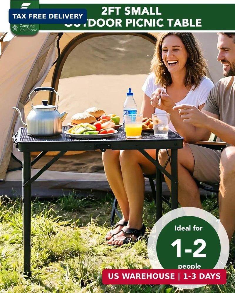 2Ft Small Folding Table with Carry Handle, Camping Table Adjustable Height 10.6-