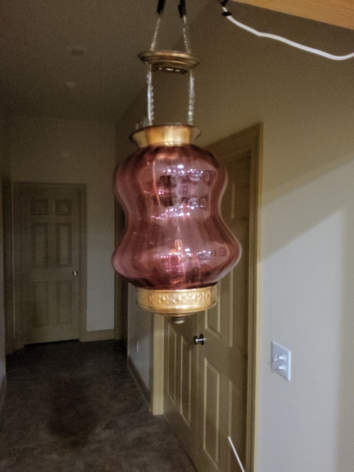 ATQ Victorian Cranberry Opalescent Striped Red Glass Pendant Ceiling Hall Light