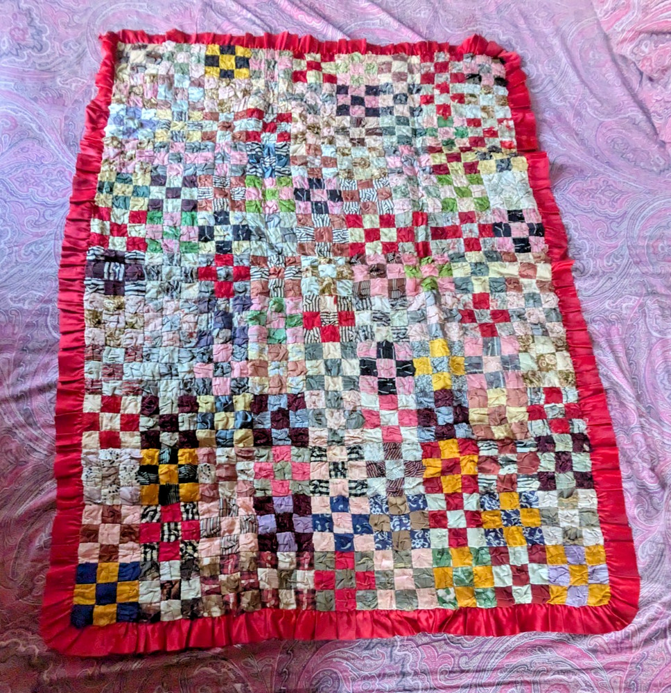 Antique silk squares patchwork quilt Victorian vintage 9 nine patch ruffle 55x40