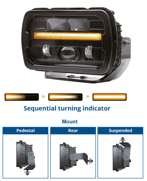 10-30V DC LED Projector. Heated lens and sequential arrow. Functions: Ab