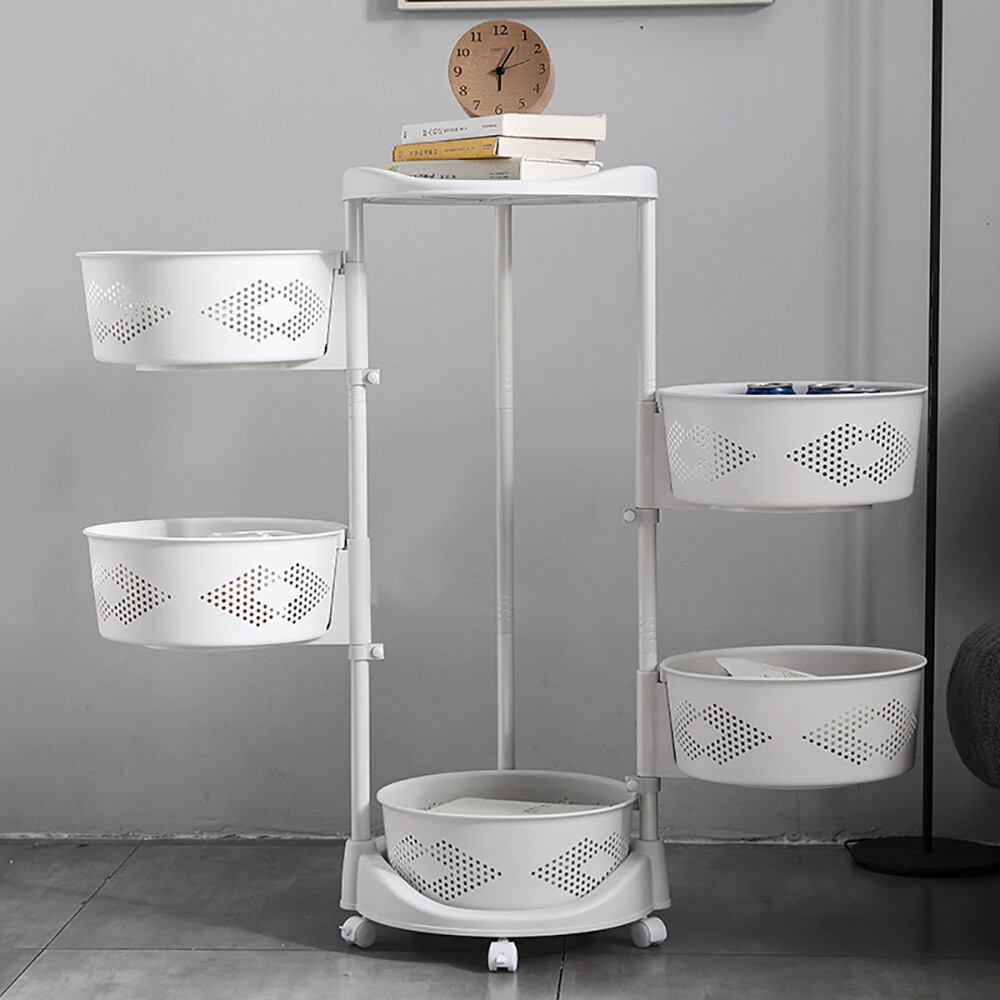 5 Layer Kitchen Rotating Organizer Rack Fruit Vegetable Storage Basket w/ Wheels