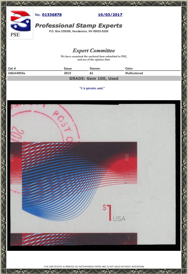 #4953a, Used PSE Graded 100, Cert # 01336878